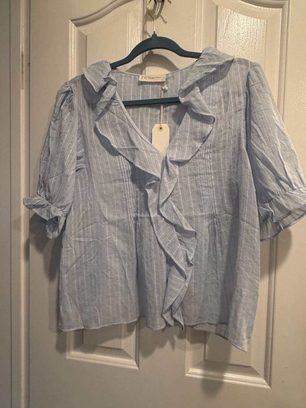 Light Blue Ruffle V-Neck Women's Top - Picture 2 of 4